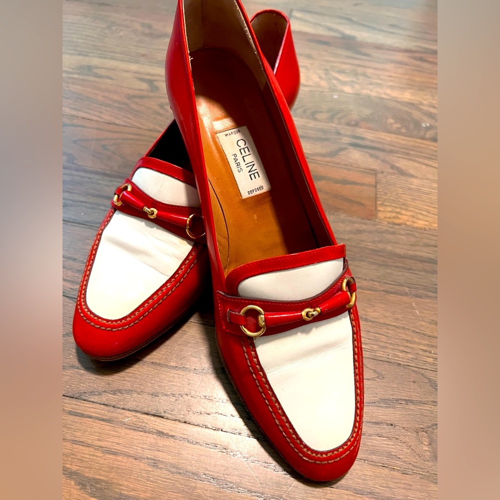 Vintage Celine gatsby-style red and white heels